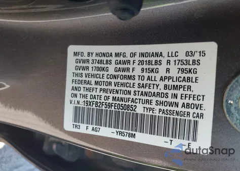 2015 Honda Civic Lx из США, поврежденный, VIN 19XFB2F59FE050852